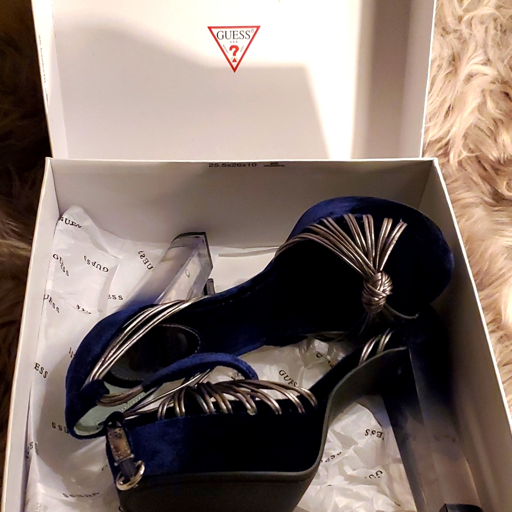 Size 7M 5" platform navy blue and metallic Guess heels.